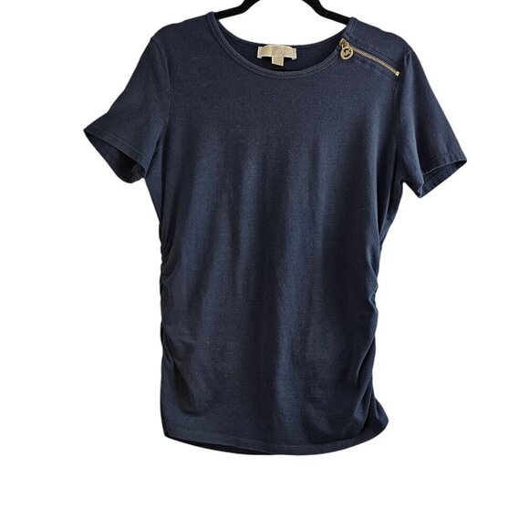 Michael Michael Kors Short Sleeve Ruched Sides Zip Moto Black Top - Picture 1 of 6